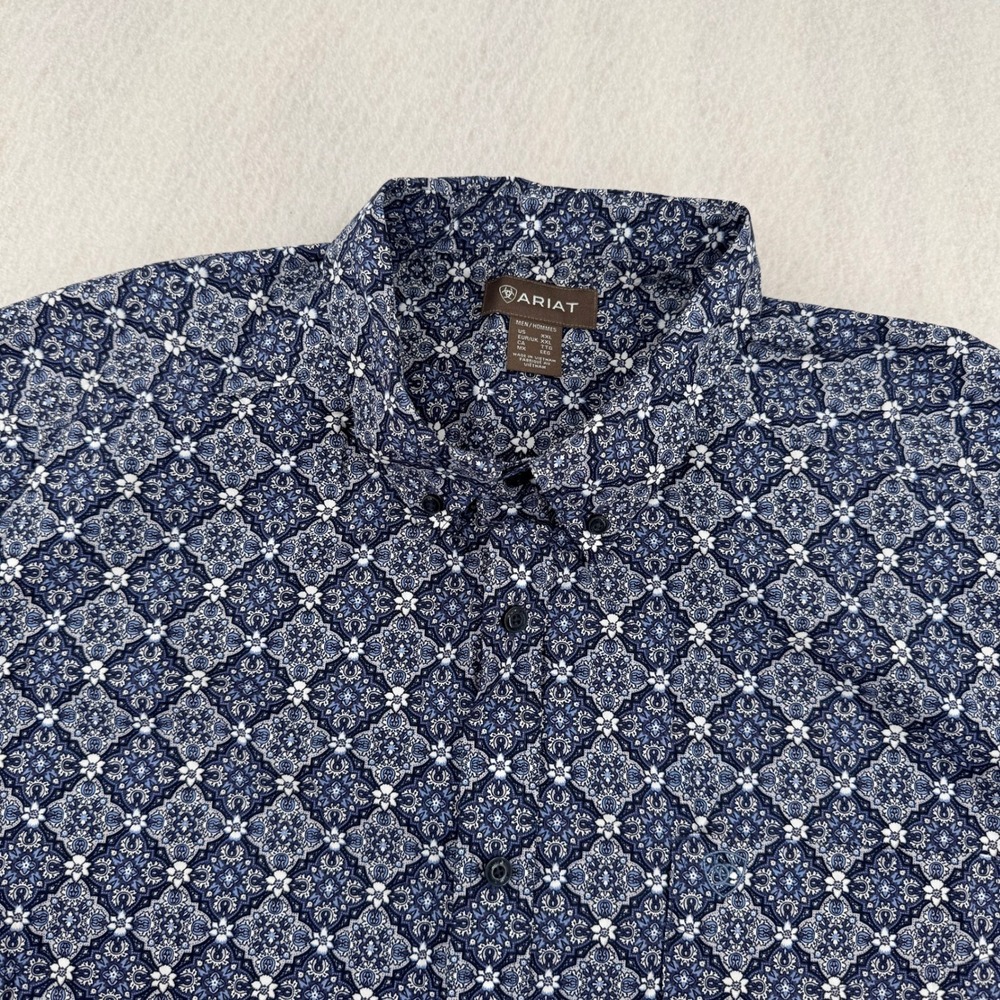 Ariat Mens XXL Blue Geometric Paisley Medallion Short Sleeve Cotton Button Down